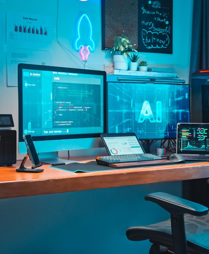 Modern programmer’s desktop setup running AI software on multiple monitors in a dark room.